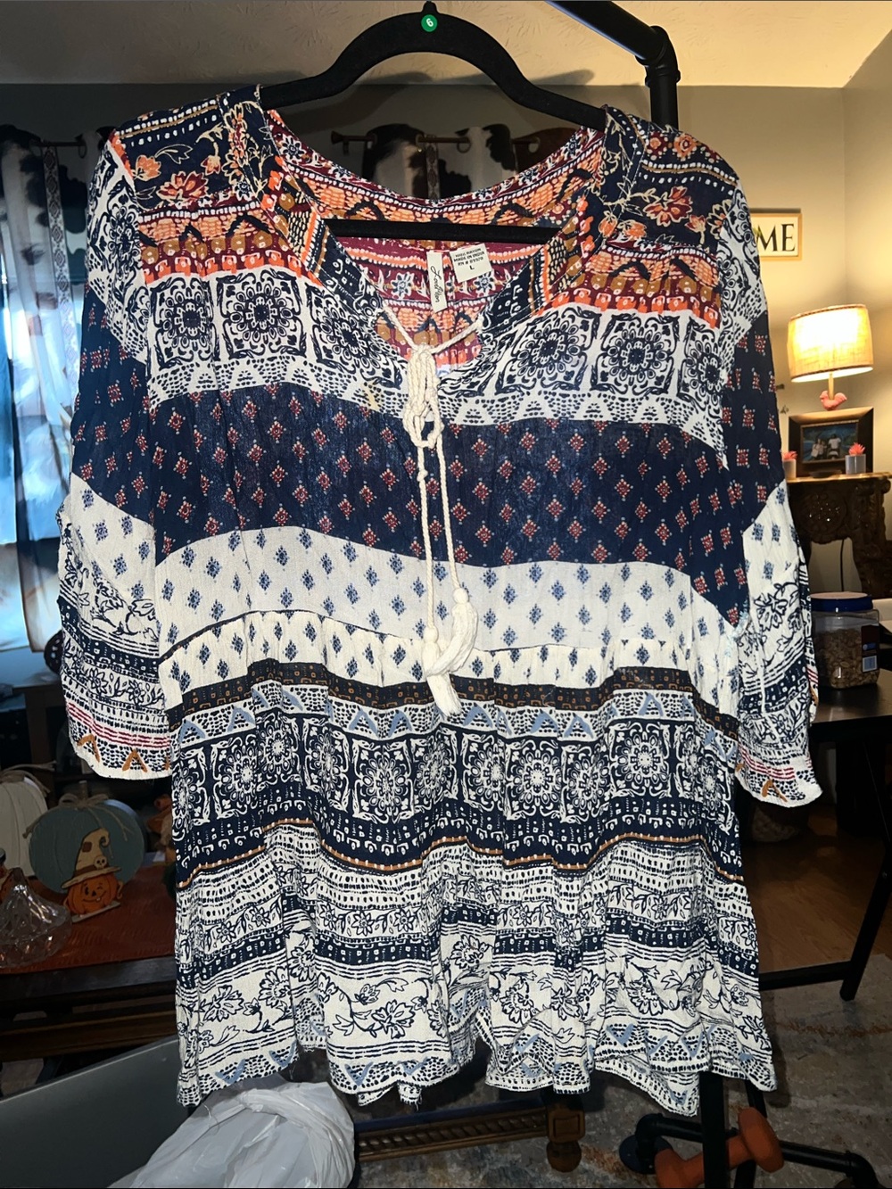 Bohemian Lace-Up Tunic Top — Navy, White & Rust